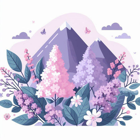 Vector illustration of a mountain landscape with flowers and leaves. Flat style.のイラスト素材