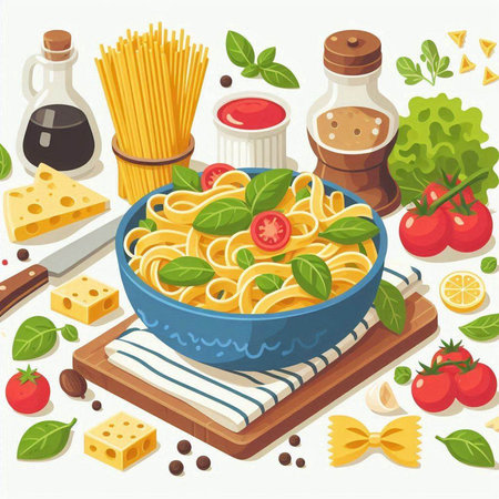 Italian pasta. Pasta with tomato, basil and cheese. Vector illustrationのイラスト素材