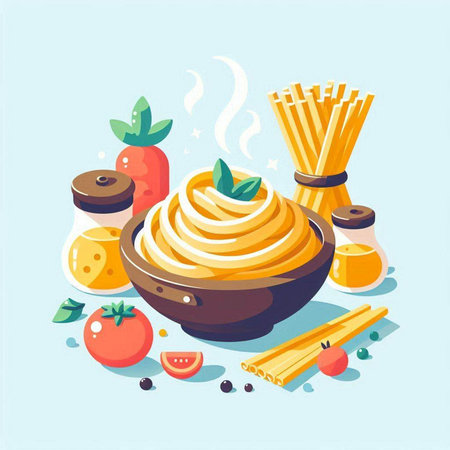 Spaghetti in bowl with ingredients for cooking. Vector illustration in flat styleのイラスト素材