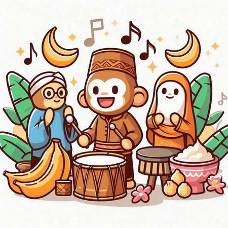 Vector illustration of happy muslim family playing dumplings, singing kareem, playing drums, singing kareem.のイラスト素材