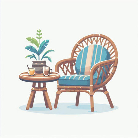Wicker armchair with coffee table and plant. Vector illustration in cartoon styleのイラスト素材