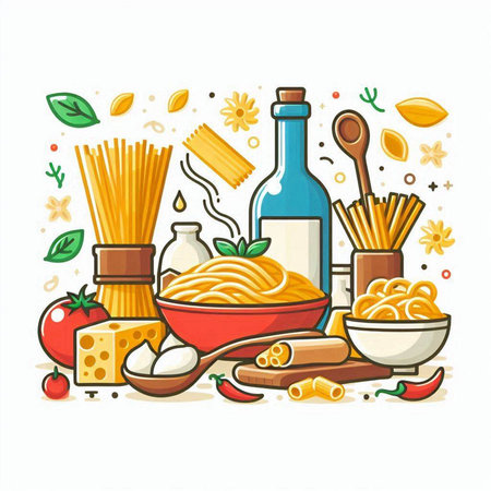 Italian food background. Vector illustration of pasta, vegetables, cheese, olive oil and spices.のイラスト素材