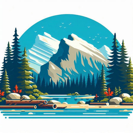 Mountains and forest on a background of the lake. Vector illustrationのイラスト素材