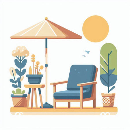 Wooden chair with umbrella in the garden. Vector illustration in flat styleのイラスト素材