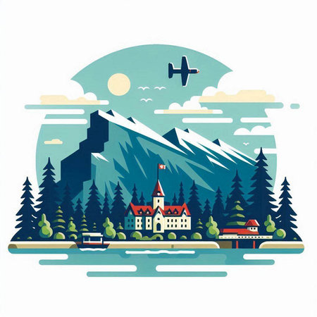 Landscape with mountains, lake, forest and a plane. Vector illustration.のイラスト素材