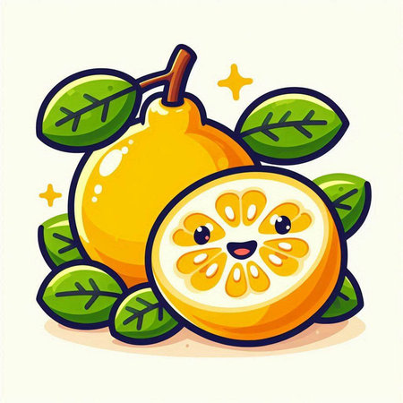 Cute kawaii orange fruit with leaves. Vector illustration.のイラスト素材