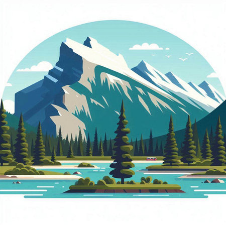 Mountain landscape with lake and forest. Vector illustration in flat styleのイラスト素材