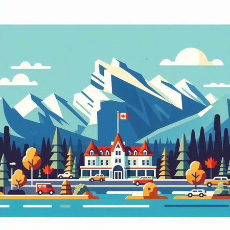 Winter landscape with mountains, lake, houses and trees. Vector illustrationのイラスト素材