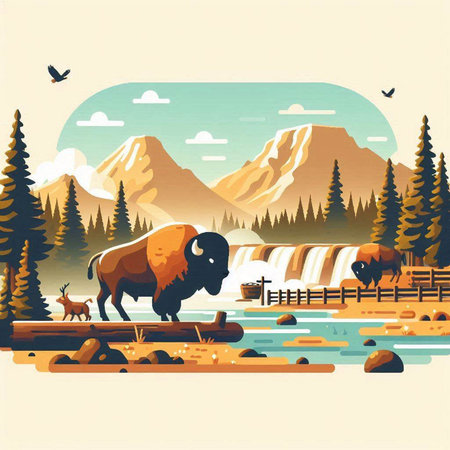 American bison on the bank of the river. Vector illustration.のイラスト素材
