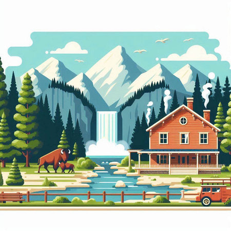Landscape with mountains, lake and farm house. Vector illustration.のイラスト素材