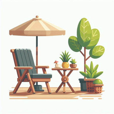 Wooden deck chair and table in the garden, vector illustration.のイラスト素材