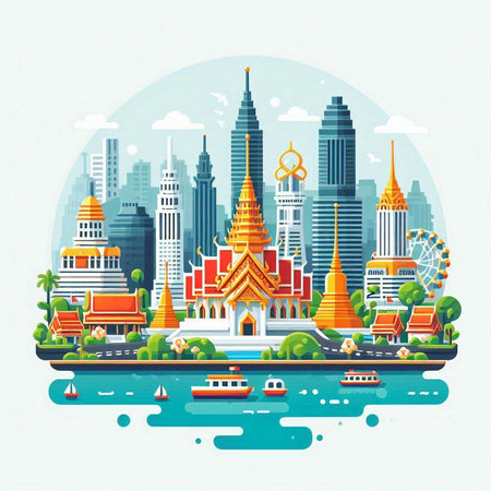 Vector illustration of Bangkok city skyline in flat style. Travel and tourism concept.のイラスト素材