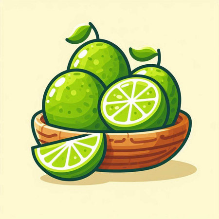 Lime fruit in a basket isolated on white background. Vector illustration.のイラスト素材
