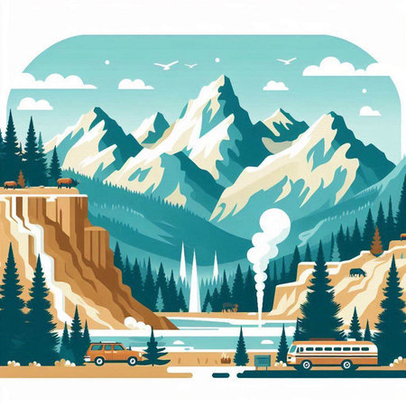 Mountains and forest. Vector illustration in flat style. Travel and adventure.のイラスト素材