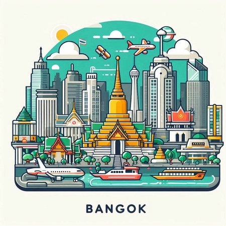Bangkok city with famous landmark. Vector illustration in flat style.のイラスト素材