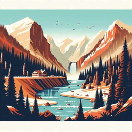 Beautiful mountain landscape with a lake and a waterfall. Vector illustration.のイラスト素材