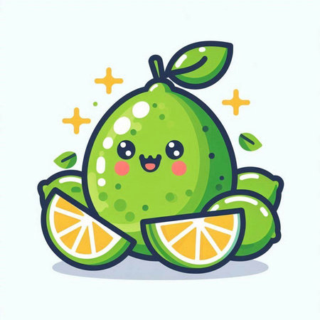 Cute kawaii lime fruit character. Vector flat cartoon illustrationのイラスト素材