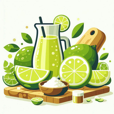 Vector illustration of fresh lime juice in a glass and ingredients for making smoothies.のイラスト素材