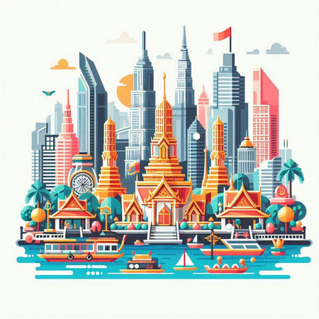 Thailand travel vector illustration. Landmarks of Bangkok, Thailand.のイラスト素材