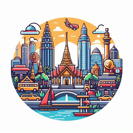 Bangkok city skyline in round shape. Vector illustration in flat styleのイラスト素材