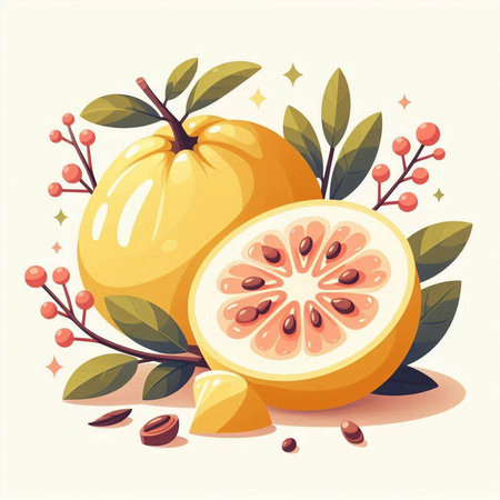 Illustration of two whole and half pomelo fruits with leaves and berriesのイラスト素材