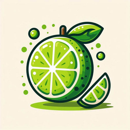 Lime icon. Vector illustration of lime with green leaves and dots.のイラスト素材