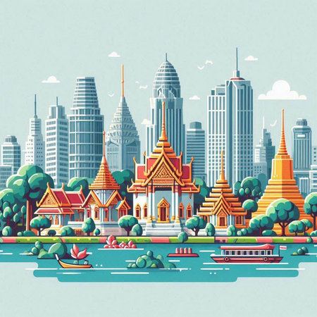 Bangkok cityscape, Thailand. Landmarks of Asia. Vector illustration.のイラスト素材