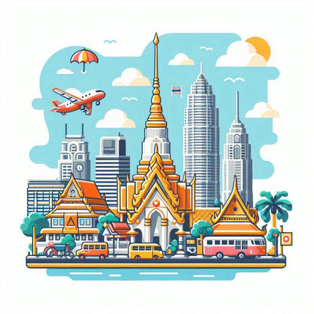 Thailand travel concept. Landmarks of Bangkok. Vector illustration.のイラスト素材