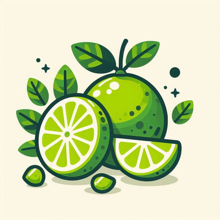 Lime fruit with leaves and slices. Vector illustration in flat style.のイラスト素材