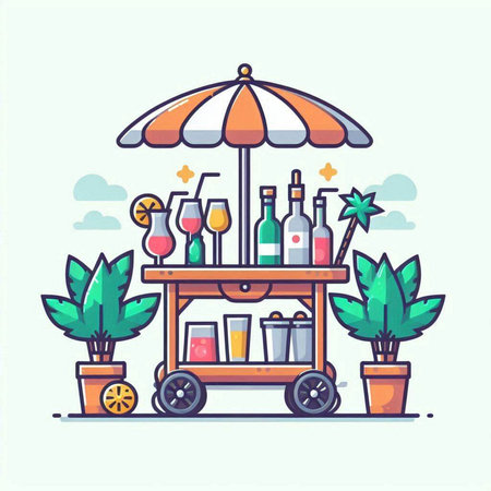Vector illustration of ice cream cart with drinks and cocktails in flat style.のイラスト素材