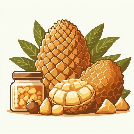 Pineapples with leaves and jar of honey. Vector illustration.のイラスト素材