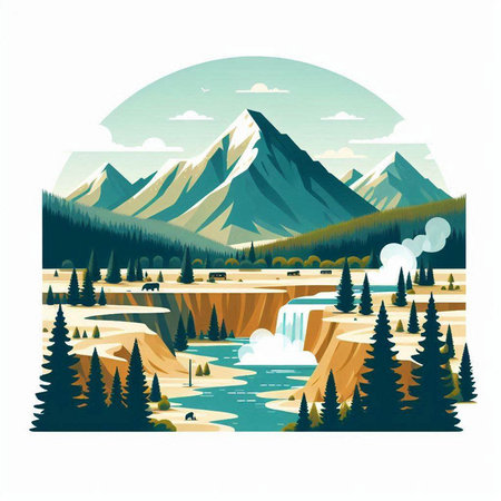 Mountain landscape with lake and forest. Vector illustration in flat styleのイラスト素材