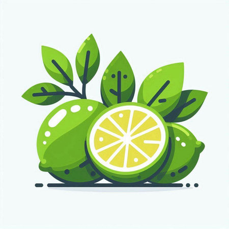Lime vector illustration. Juicy citrus fruit with green leaves.のイラスト素材