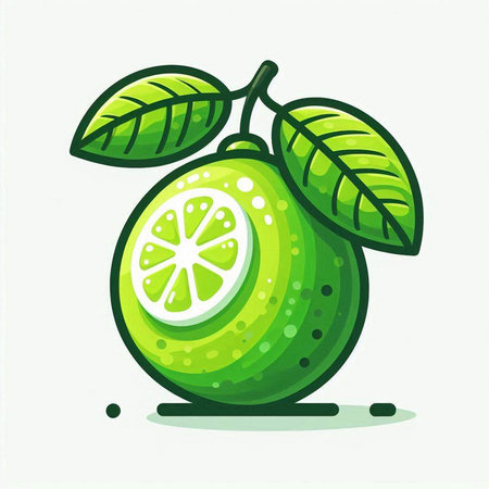 Lime fruit vector illustration. Cartoon lime fruit with green leaves.のイラスト素材