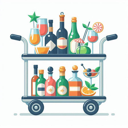 Cart with bottles of alcoholic drinks. Vector illustration in flat style.のイラスト素材