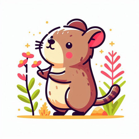 Cute cartoon hamster with flowers. Vector illustration isolated on white background.のイラスト素材