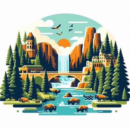 Landscape with mountains, river and forest. Vector illustration in flat styleのイラスト素材