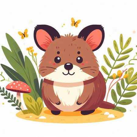 Cute little hamster sitting in the garden. Vector illustration.のイラスト素材