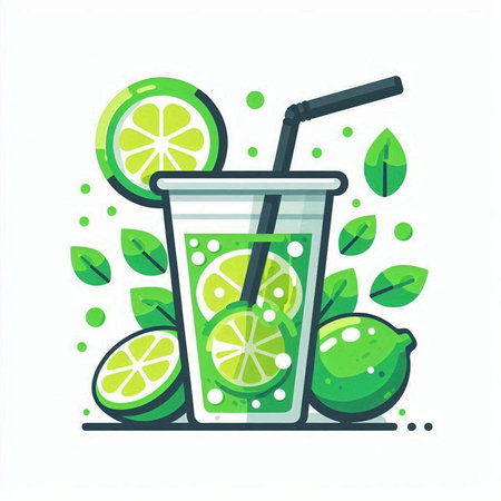 Lime juice in a glass with a straw. Vector illustration.のイラスト素材