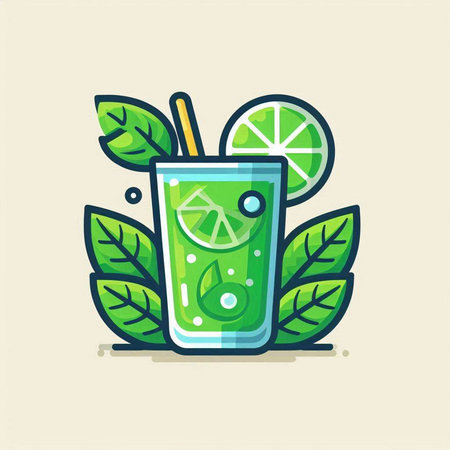 Cocktail with lime and mint. Vector illustration in flat styleのイラスト素材