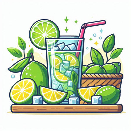 Cocktail with lime, ice cubes and straw. Vector illustration.のイラスト素材