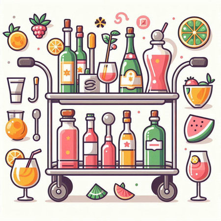 Bar counter with bottles of alcoholic beverages. Vector illustration in flat styleのイラスト素材