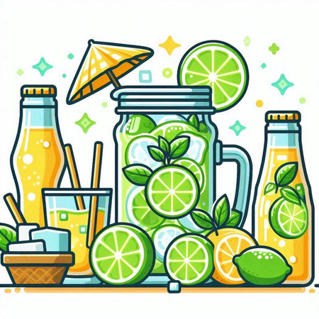 Mason jar with lime and lemonade. Vector illustration in cartoon style.のイラスト素材