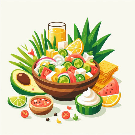 Healthy breakfast vector illustration. Fresh vegetable salad in wooden bowl with avocado, tomato, cucumber, lemon, sour cream, lime, onion, grapefruit, kiwi, pomegranate juice.のイラスト素材