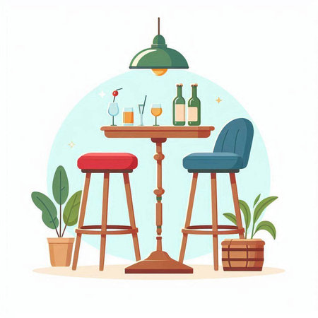 Restaurant table with chairs and wine bottles. Vector illustration.のイラスト素材