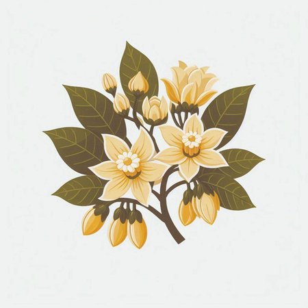 Illustration of yellow flowers with green leaves on a white background.のイラスト素材