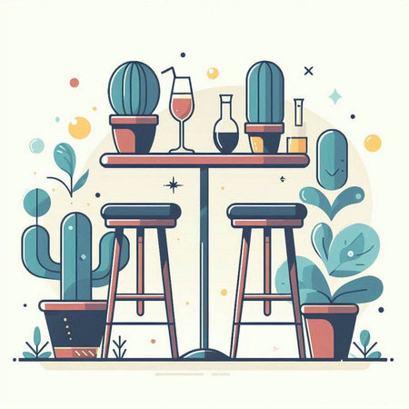 Vector illustration of a bar interior with cacti and succulentsのイラスト素材