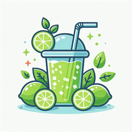 Lemonade in glass with straw and lime. Vector illustration.のイラスト素材