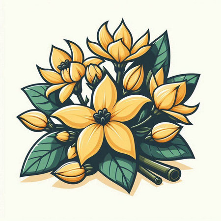 Bouquet of yellow flowers with green leaves. Vector illustration.のイラスト素材