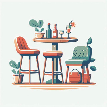 Vector illustration of a cozy cafe with a table, chairs, drinks and plantsのイラスト素材